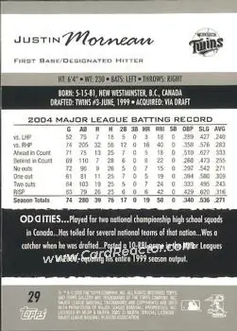 2005 Topps Gallery #29 - Justin Morneau - Minnesota Twins - Back