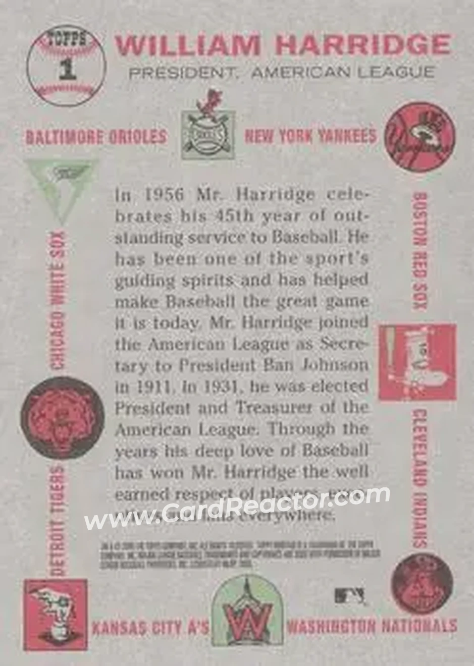 2005 Topps Heritage #1 - Will Harridge - Back
