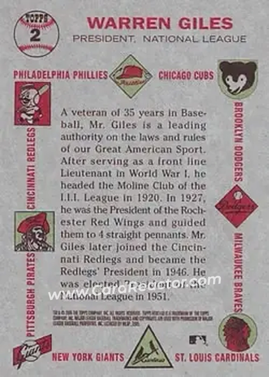 2005 Topps Heritage #2 - Warren Giles - Back
