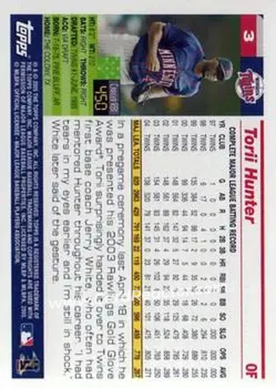 2005 Topps Opening Day #3 - Torii Hunter - Minnesota Twins - Back