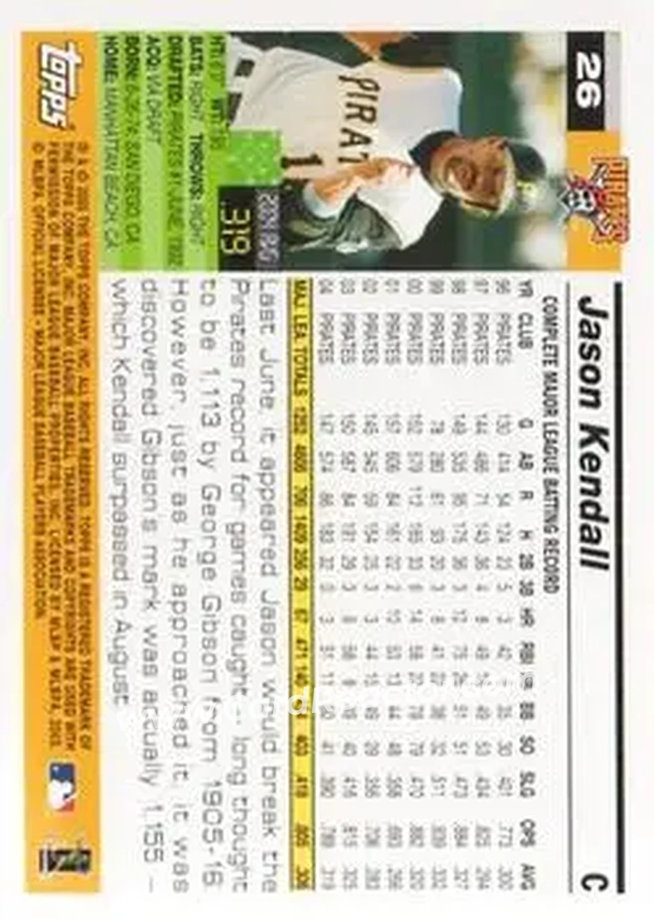 2005 Topps Opening Day #26 - Jason Kendall - Pittsburgh Pirates - Back
