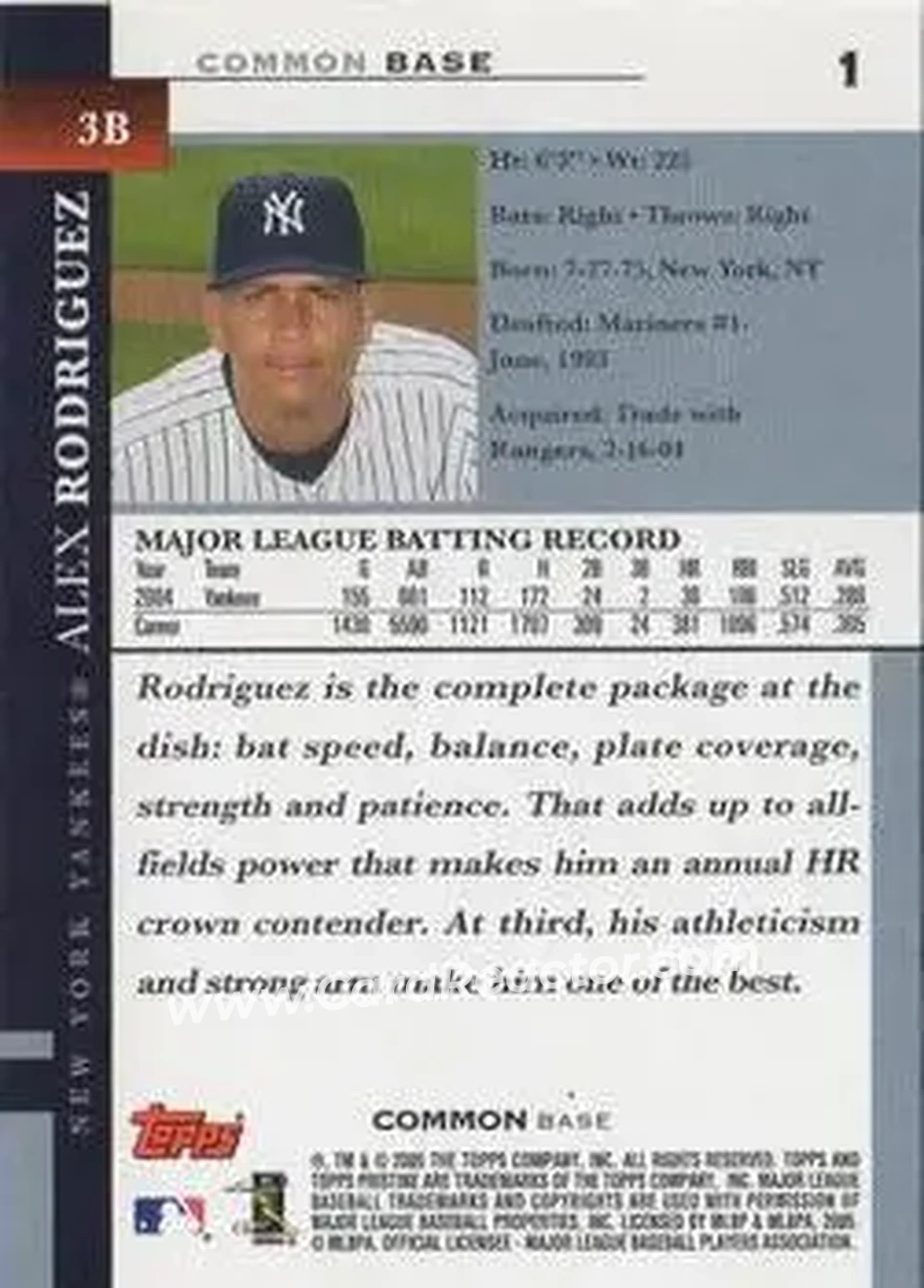 2005 Topps Pristine #1 - Alex Rodriguez - New York Yankees - Back