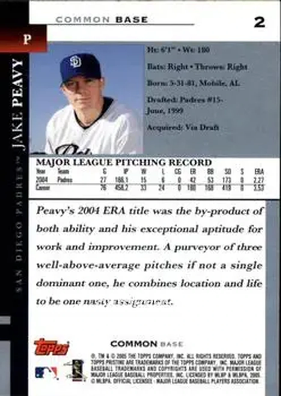 2005 Topps Pristine #2 - Jake Peavy - San Diego Padres - Back