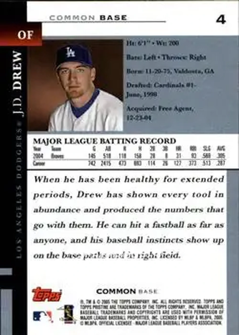 2005 Topps Pristine #4 - J.D. Drew - Los Angeles Dodgers - Back