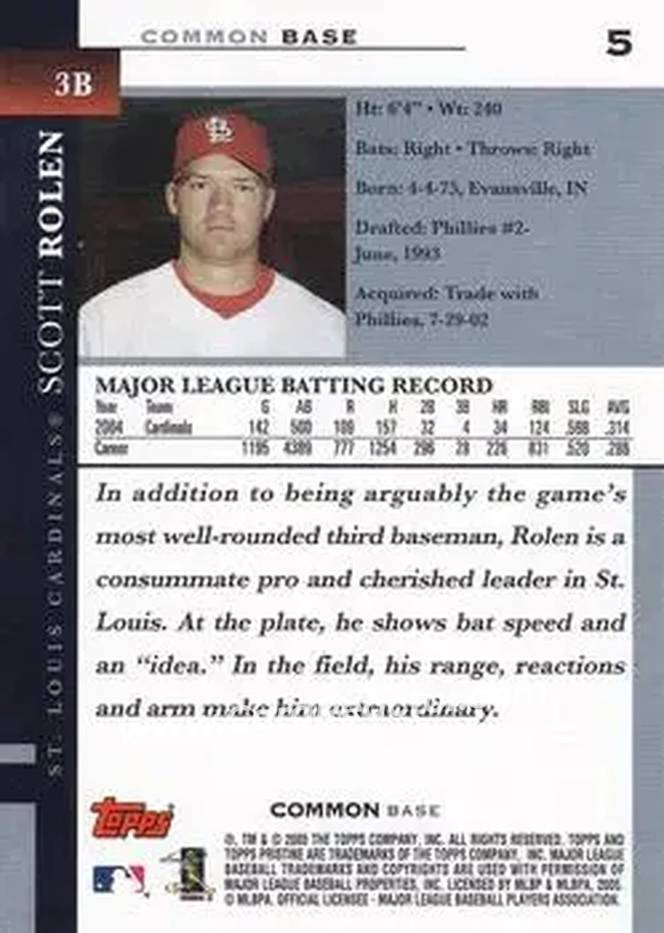 2005 Topps Pristine #5 - Scott Rolen - St. Louis Cardinals - Back