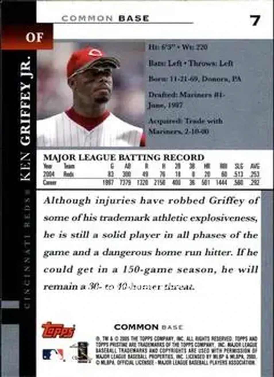 2005 Topps Pristine #7 - Ken Griffey Jr. - Cincinnati Reds - Back