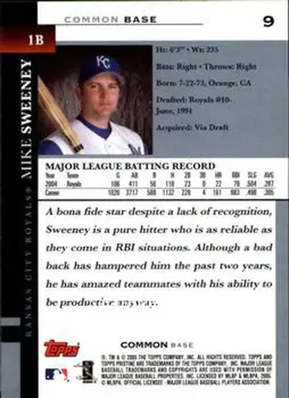 2005 Topps Pristine #9 - Mike Sweeney - Kansas City Royals - Back