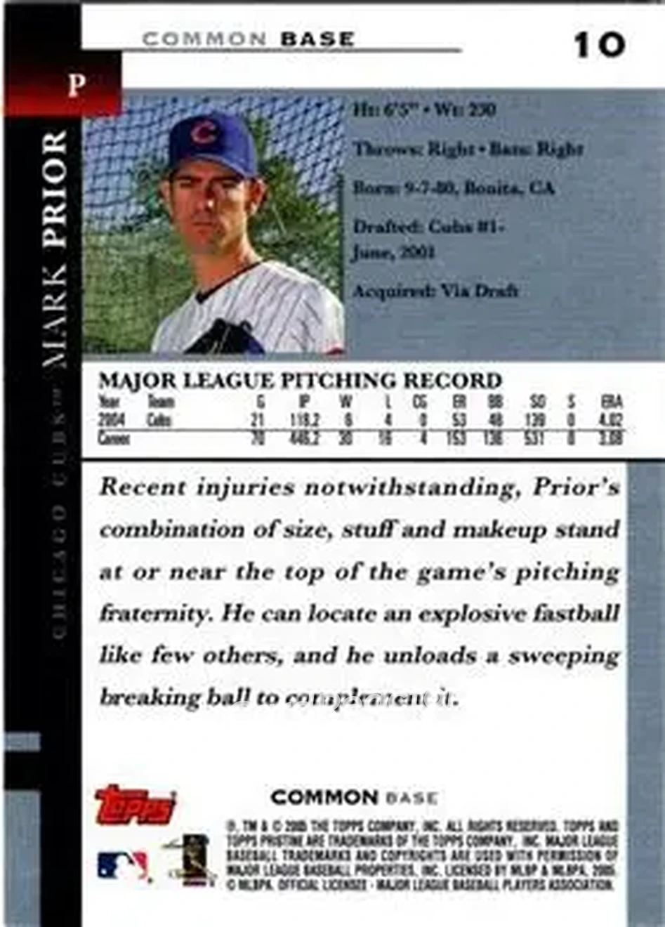 2005 Topps Pristine #10 - Mark Prior - Chicago Cubs - Back
