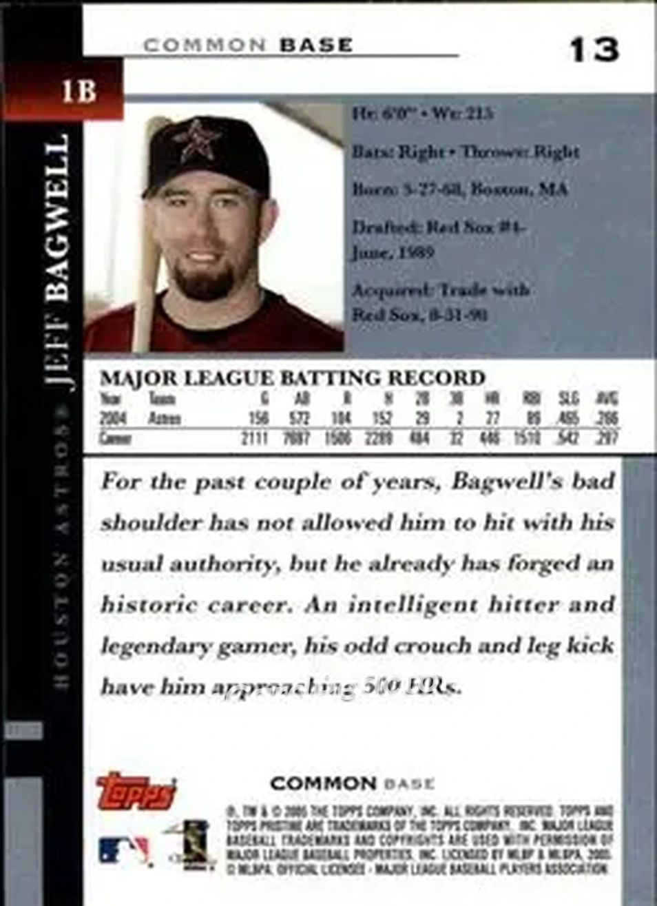 2005 Topps Pristine #13 - Jeff Bagwell - Houston Astros - Back
