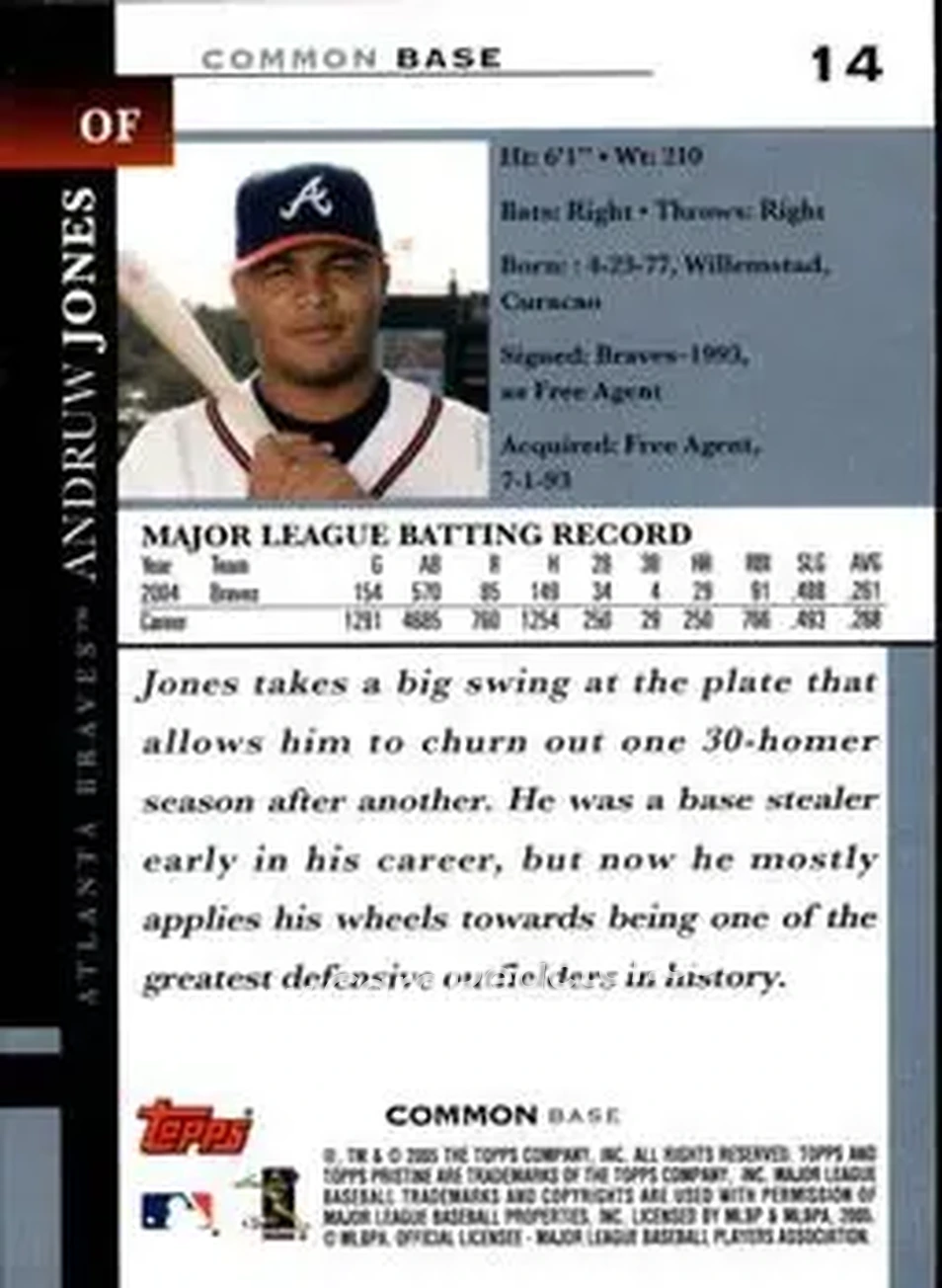 2005 Topps Pristine #14 - Andruw Jones - Atlanta Braves - Back