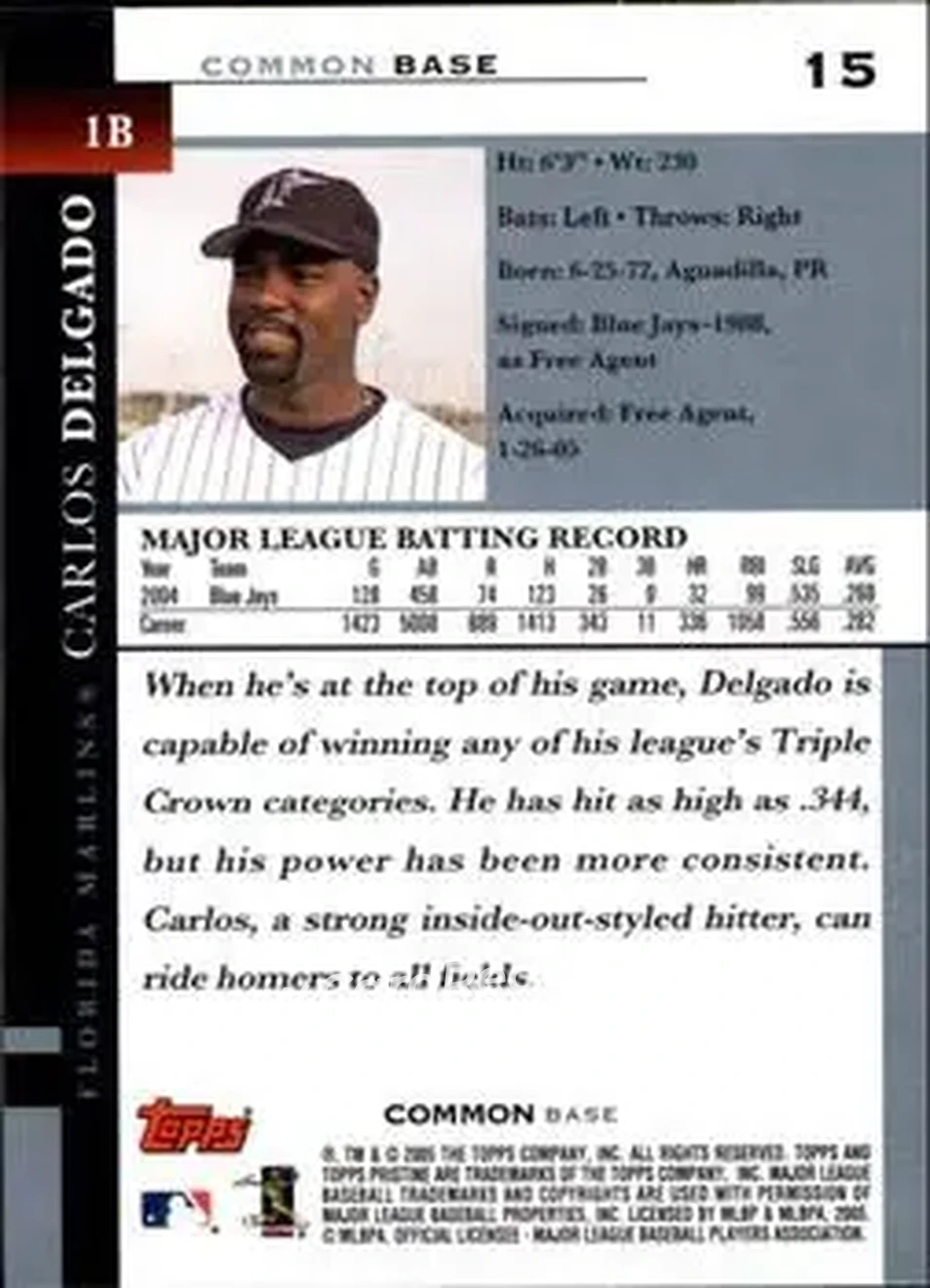 2005 Topps Pristine #15 - Carlos Delgado - Florida Marlins - Back