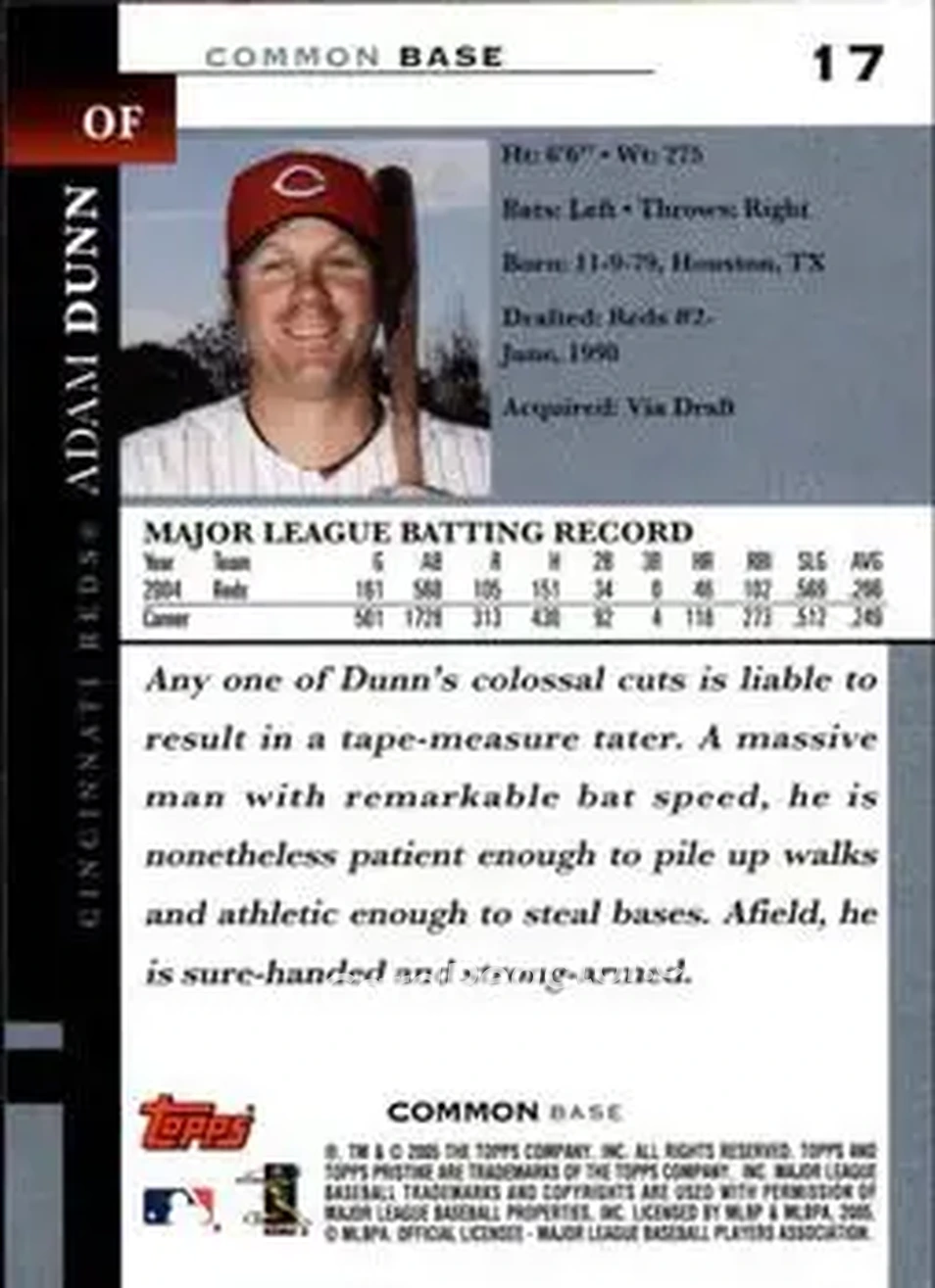 2005 Topps Pristine #17 - Adam Dunn - Cincinnati Reds - Back