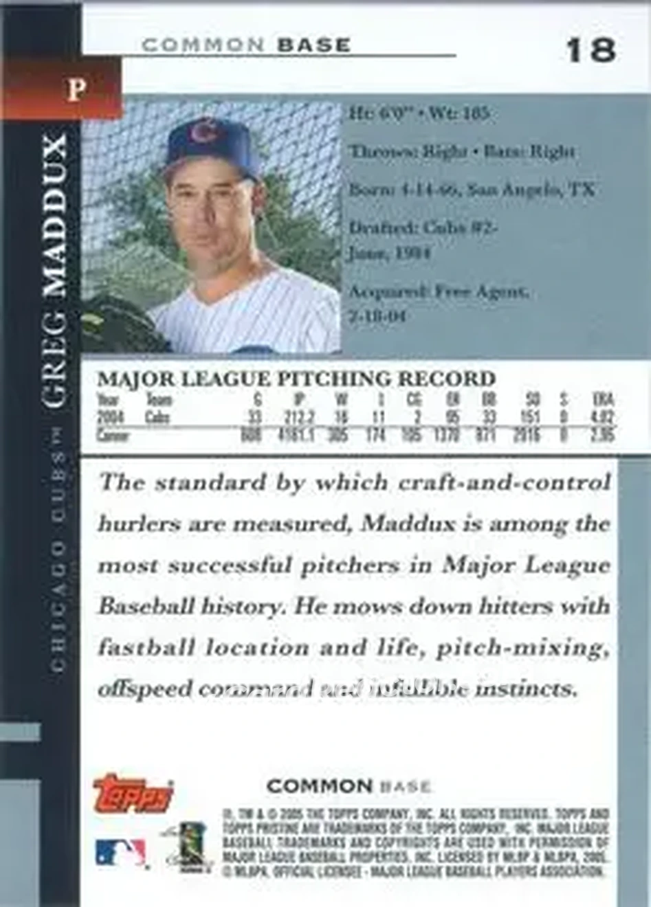 2005 Topps Pristine #18 - Greg Maddux - Chicago Cubs - Back