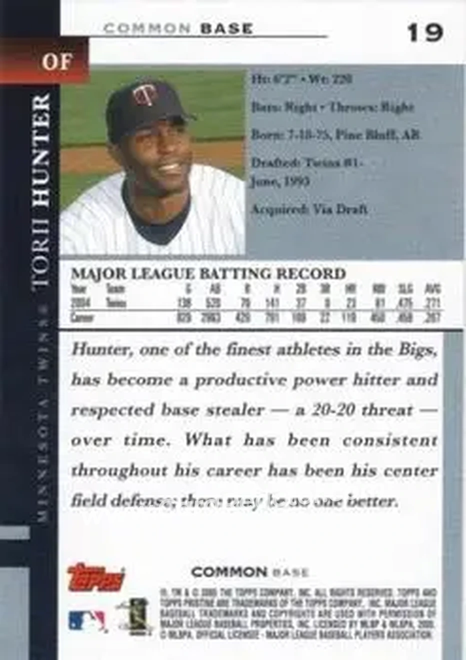 2005 Topps Pristine #19 - Torii Hunter - Minnesota Twins - Back