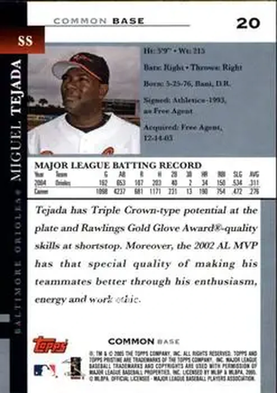 2005 Topps Pristine #20 - Miguel Tejada - Baltimore Orioles - Back
