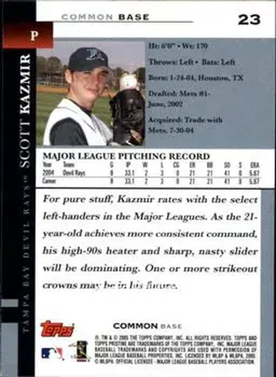 2005 Topps Pristine #23 - Scott Kazmir - Tampa Bay Devil Rays - Back