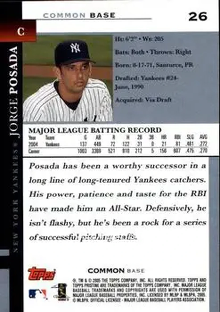 2005 Topps Pristine #26 - Jorge Posada - New York Yankees - Back