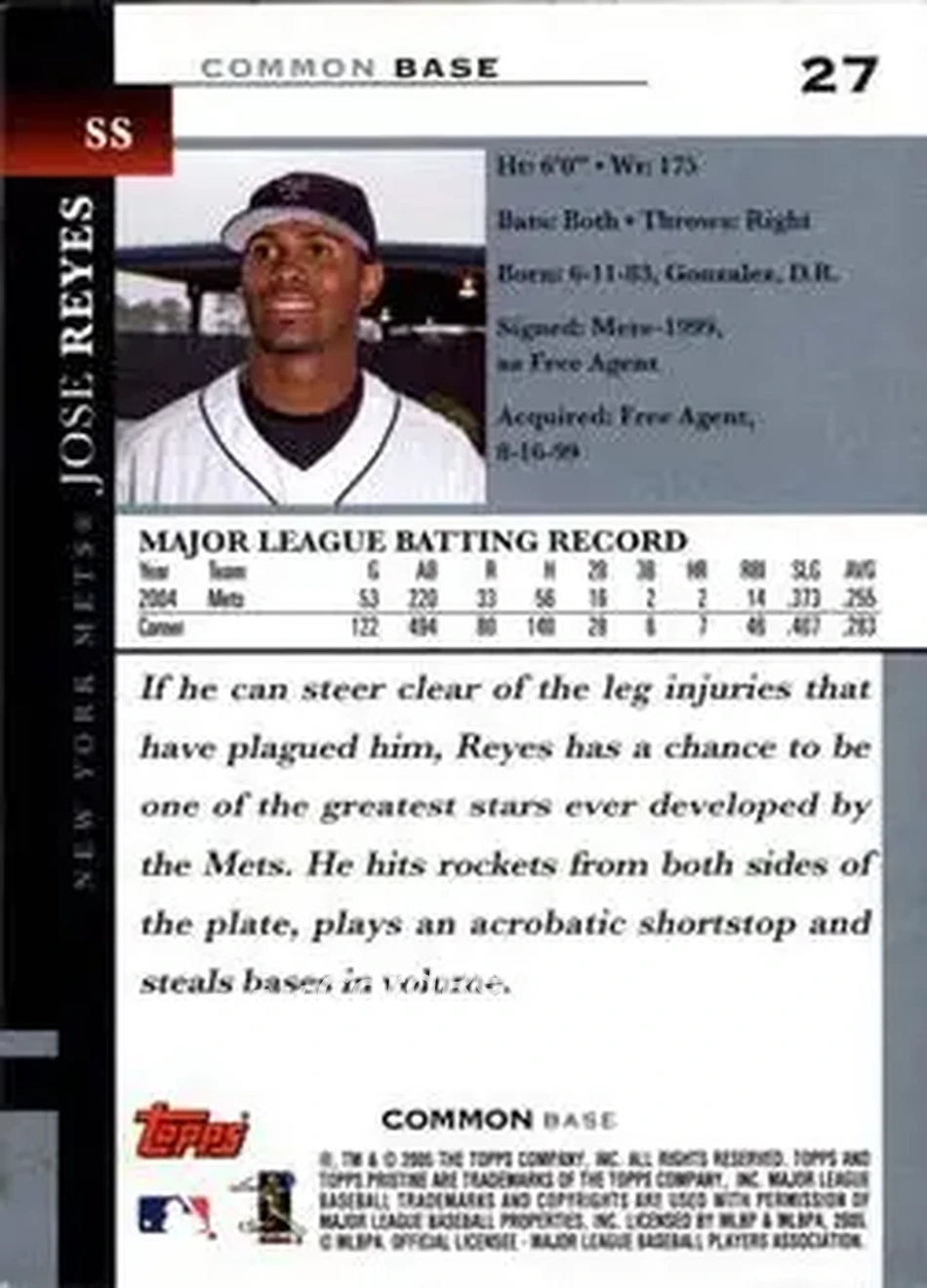 2005 Topps Pristine #27 - Jose Reyes - New York Mets - Back