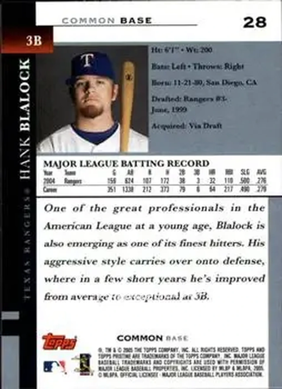 2005 Topps Pristine #28 - Hank Blalock - Texas Rangers - Back