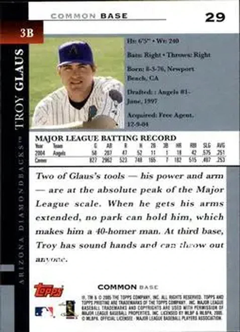 2005 Topps Pristine #29 - Troy Glaus - Arizona Diamondbacks - Back