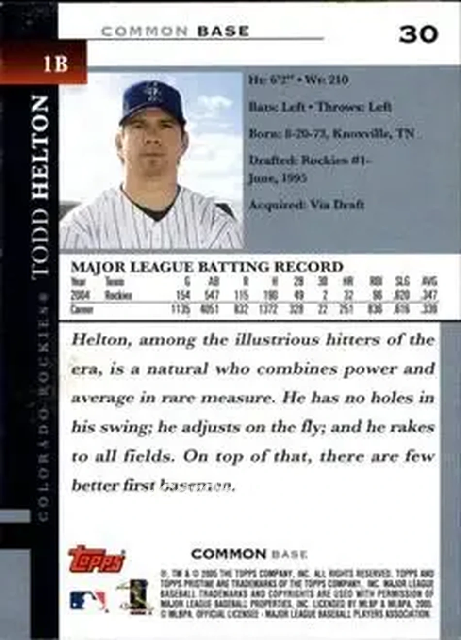 2005 Topps Pristine #30 - Todd Helton - Colorado Rockies - Back 2005 Topps Pristine #30 - Todd Helton - Colorado Rockies - Back