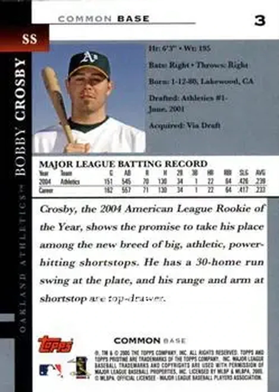 2005 Topps Pristine #3 - Bobby Crosby - Oakland Athletics - Back