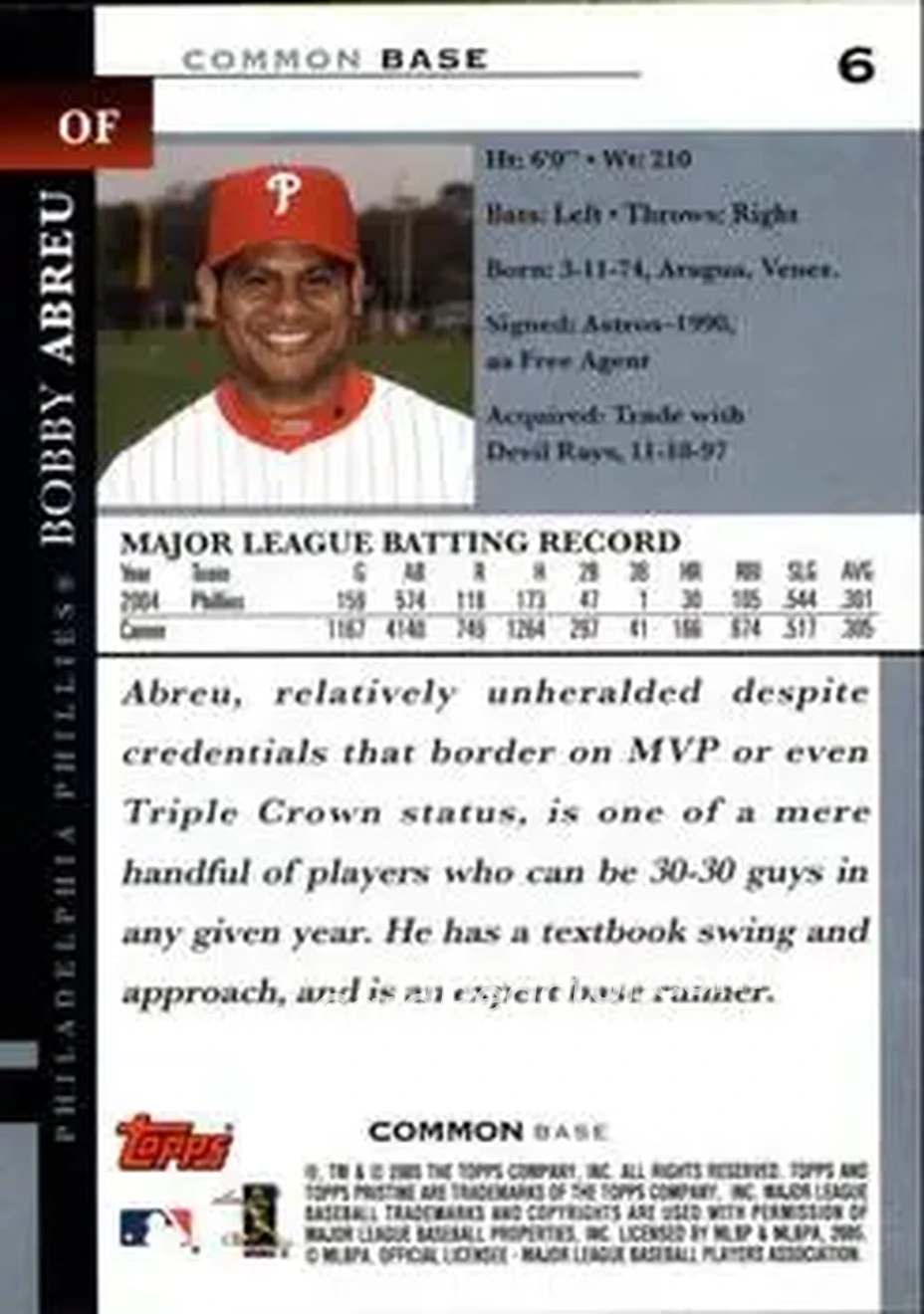 2005 Topps Pristine #6 - Bob Abreu - Philadelphia Phillies - Back
