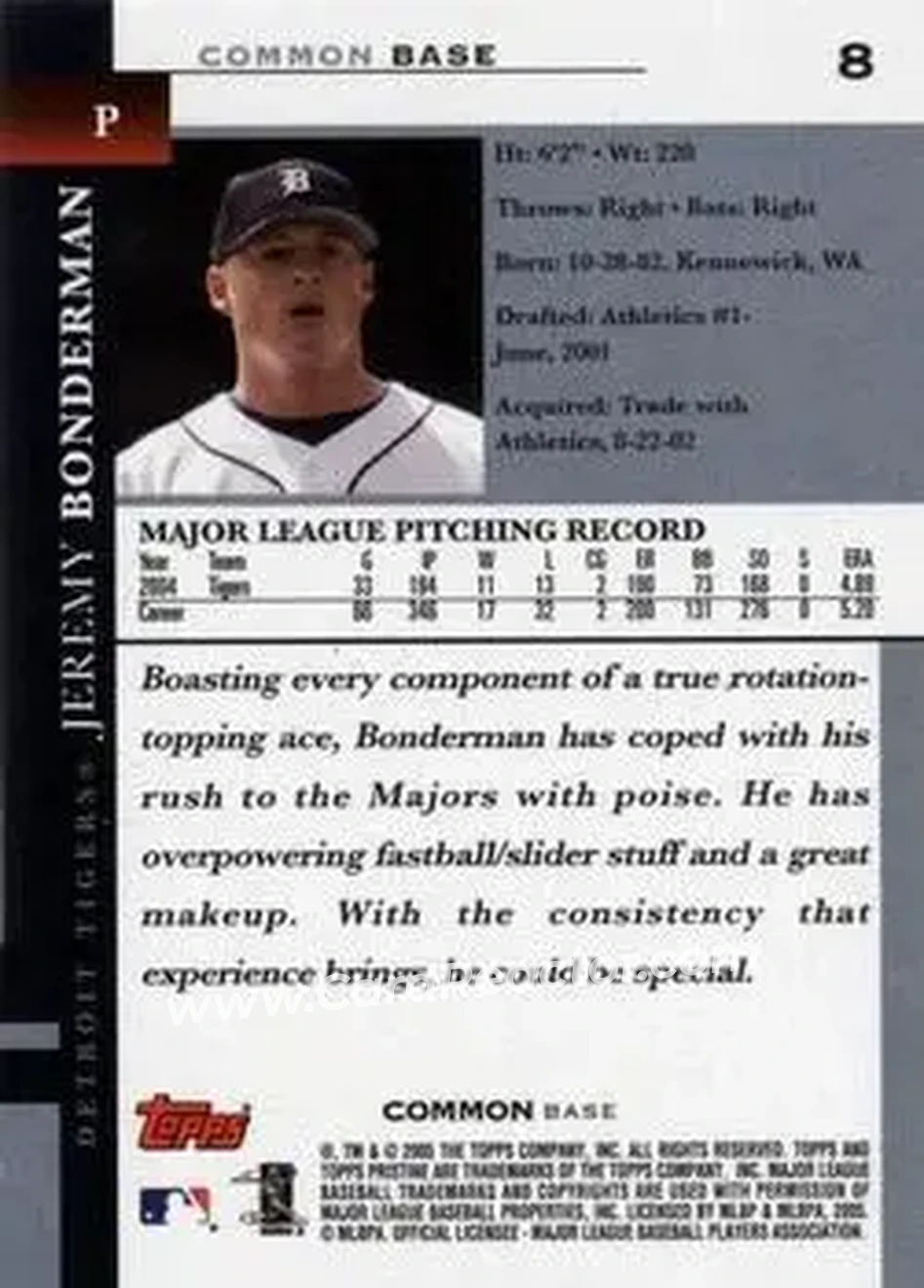 2005 Topps Pristine #8 - Jeremy Bonderman - Detroit Tigers - Back 2005 Topps Pristine #8 - Jeremy Bonderman - Detroit Tigers - Back