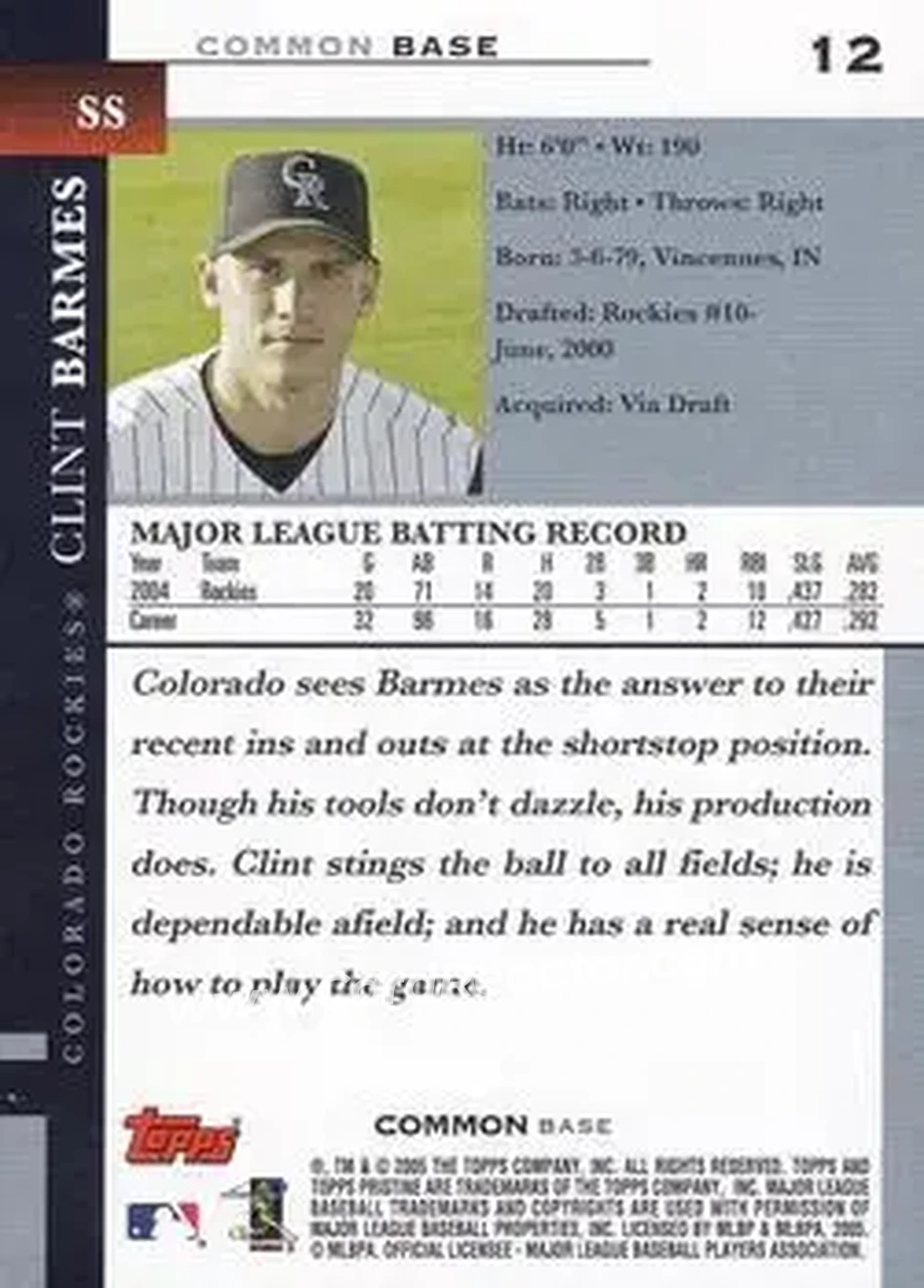 2005 Topps Pristine #12 - Clint Barmes - Colorado Rockies - Back