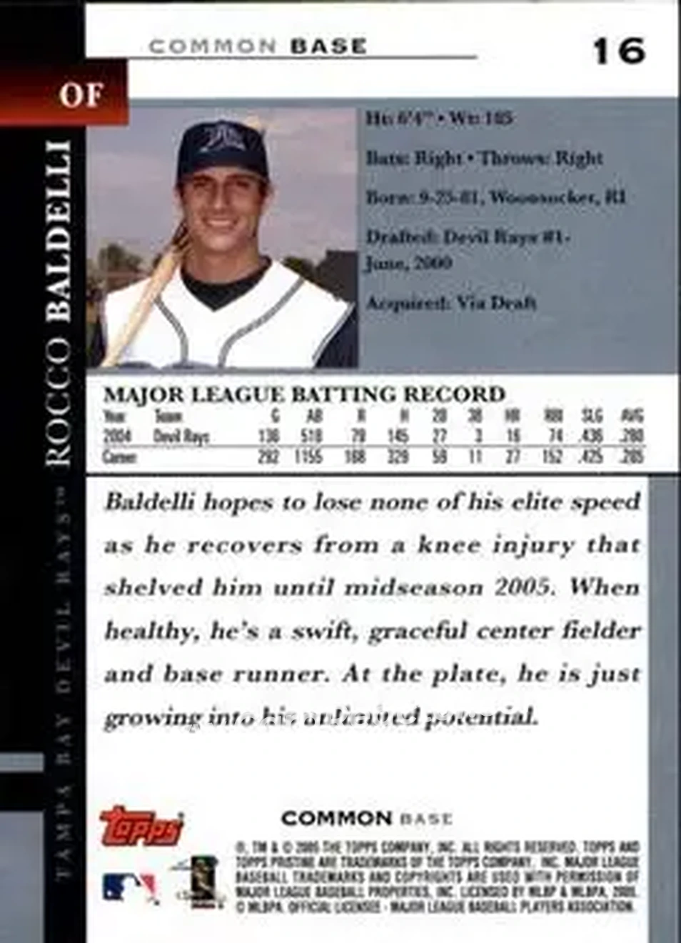 2005 Topps Pristine #16 - Rocco Baldelli - Tampa Bay Devil Rays - Back