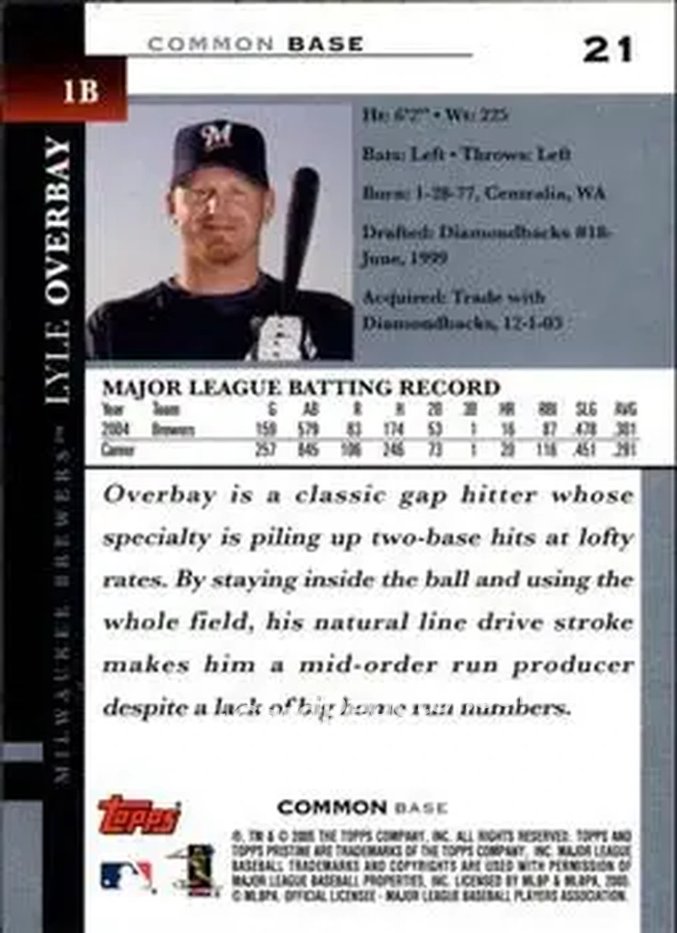 2005 Topps Pristine #21 - Lyle Overbay - Milwaukee Brewers - Back