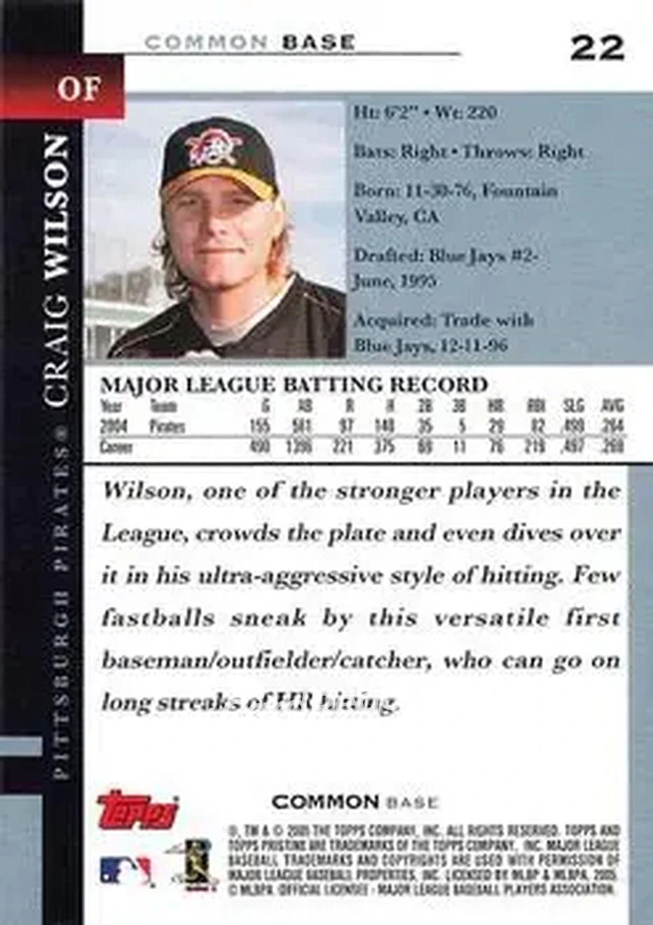 2005 Topps Pristine #22 - Craig Wilson - Pittsburgh Pirates - Back