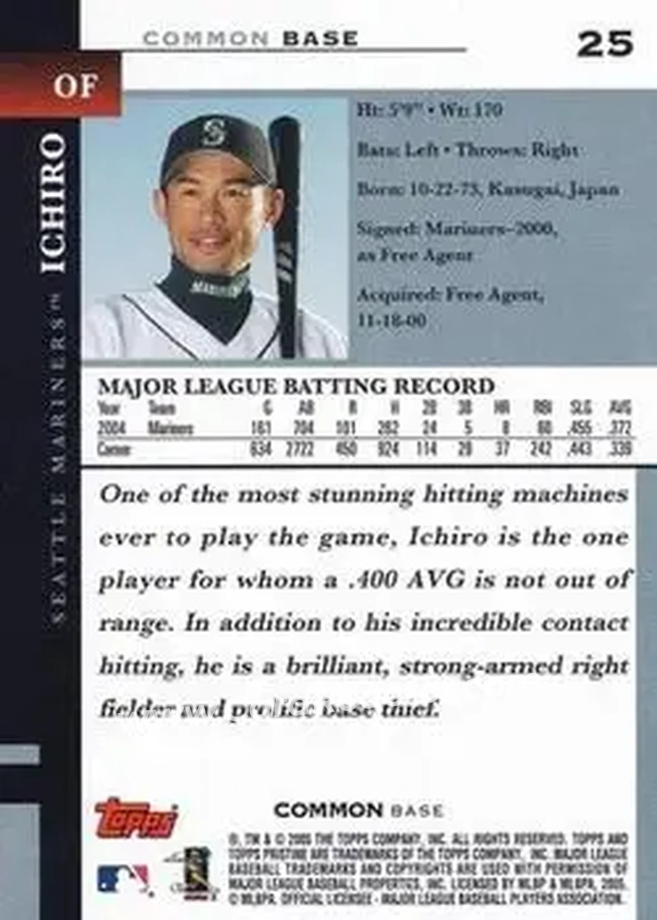 2005 Topps Pristine #25 - Ichiro - Seattle Mariners - Back 2005 Topps Pristine #25 - Ichiro - Seattle Mariners - Back