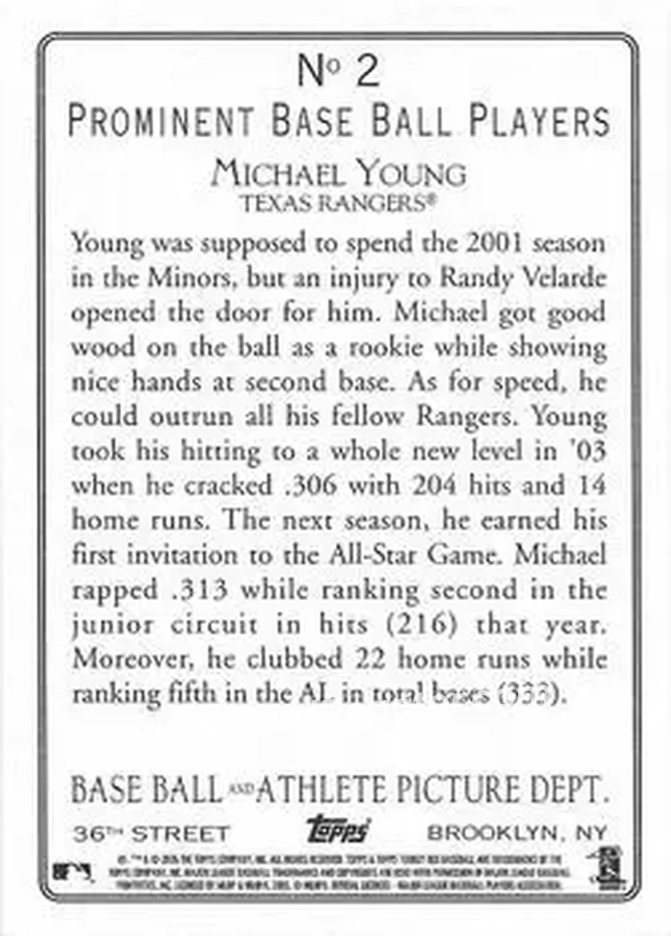2005 Topps Turkey Red #2 - Michael Young - Texas Rangers - Back