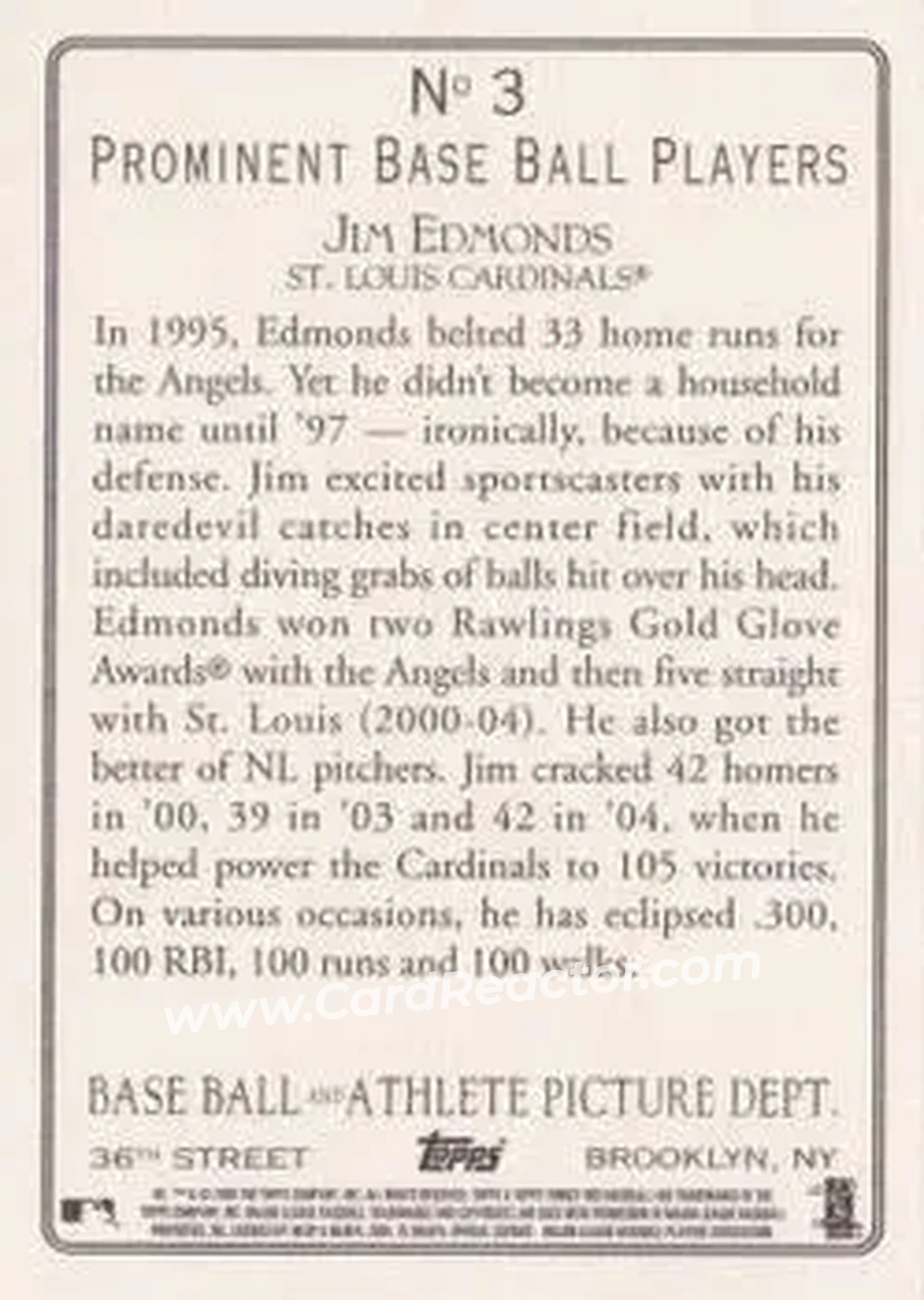 2005 Topps Turkey Red #3 - Jim Edmonds - St. Louis Cardinals - Back