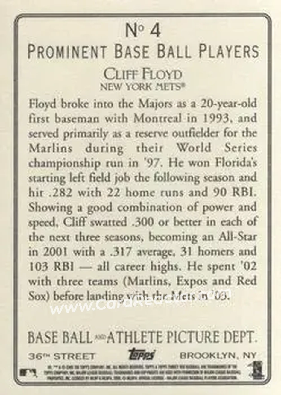 2005 Topps Turkey Red #4 - Cliff Floyd - New York Mets - Back
