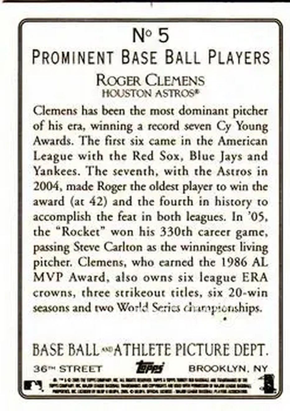 2005 Topps Turkey Red #5a - Roger Clemens - Houston Astros - Back