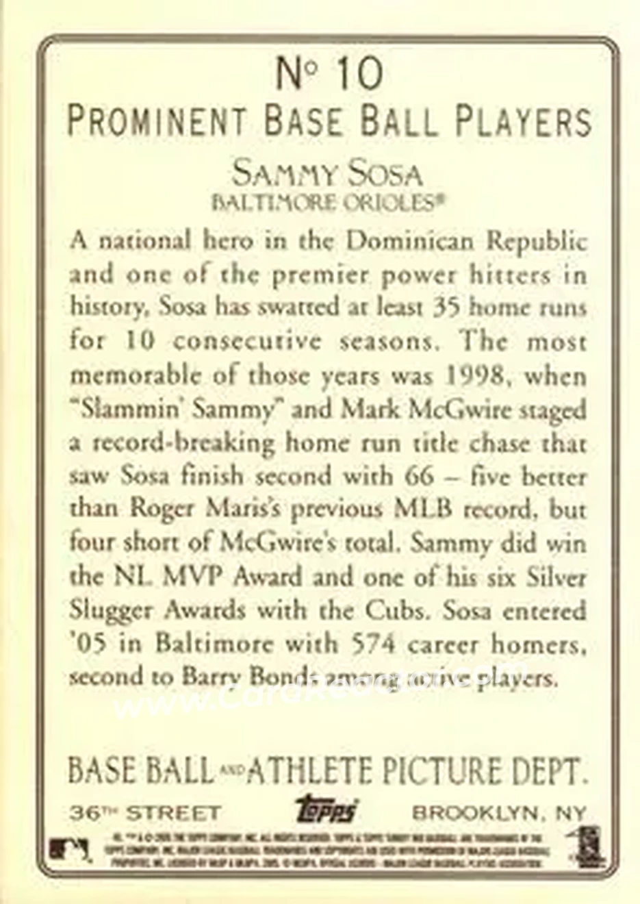 2005 Topps Turkey Red #10a - Sammy Sosa - Baltimore Orioles - Back