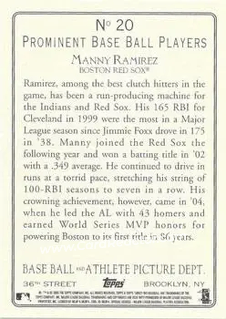 2005 Topps Turkey Red #20 - Manny Ramirez - Boston Red Sox - Back