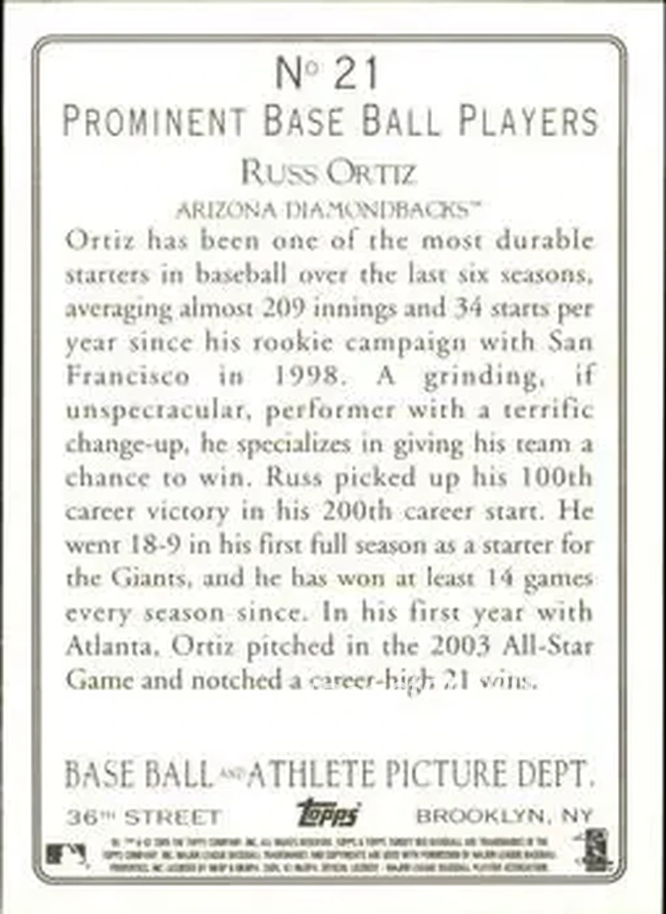 2005 Topps Turkey Red #21 - Russ Ortiz - Arizona Diamondbacks - Back 2005 Topps Turkey Red #21 - Russ Ortiz - Arizona Diamondbacks - Back