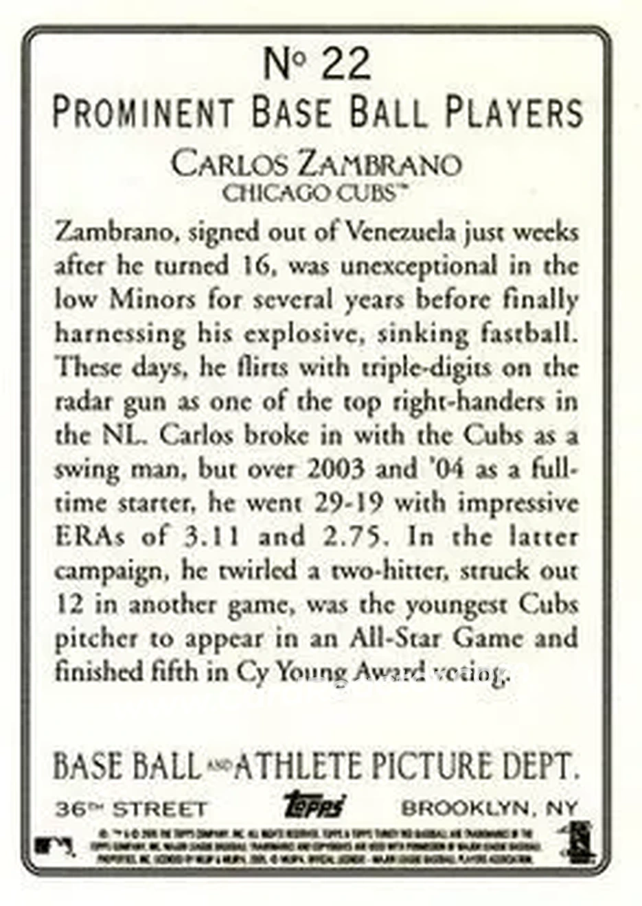 2005 Topps Turkey Red #22 - Carlos Zambrano - Chicago Cubs - Back 2005 Topps Turkey Red #22 - Carlos Zambrano - Chicago Cubs - Back
