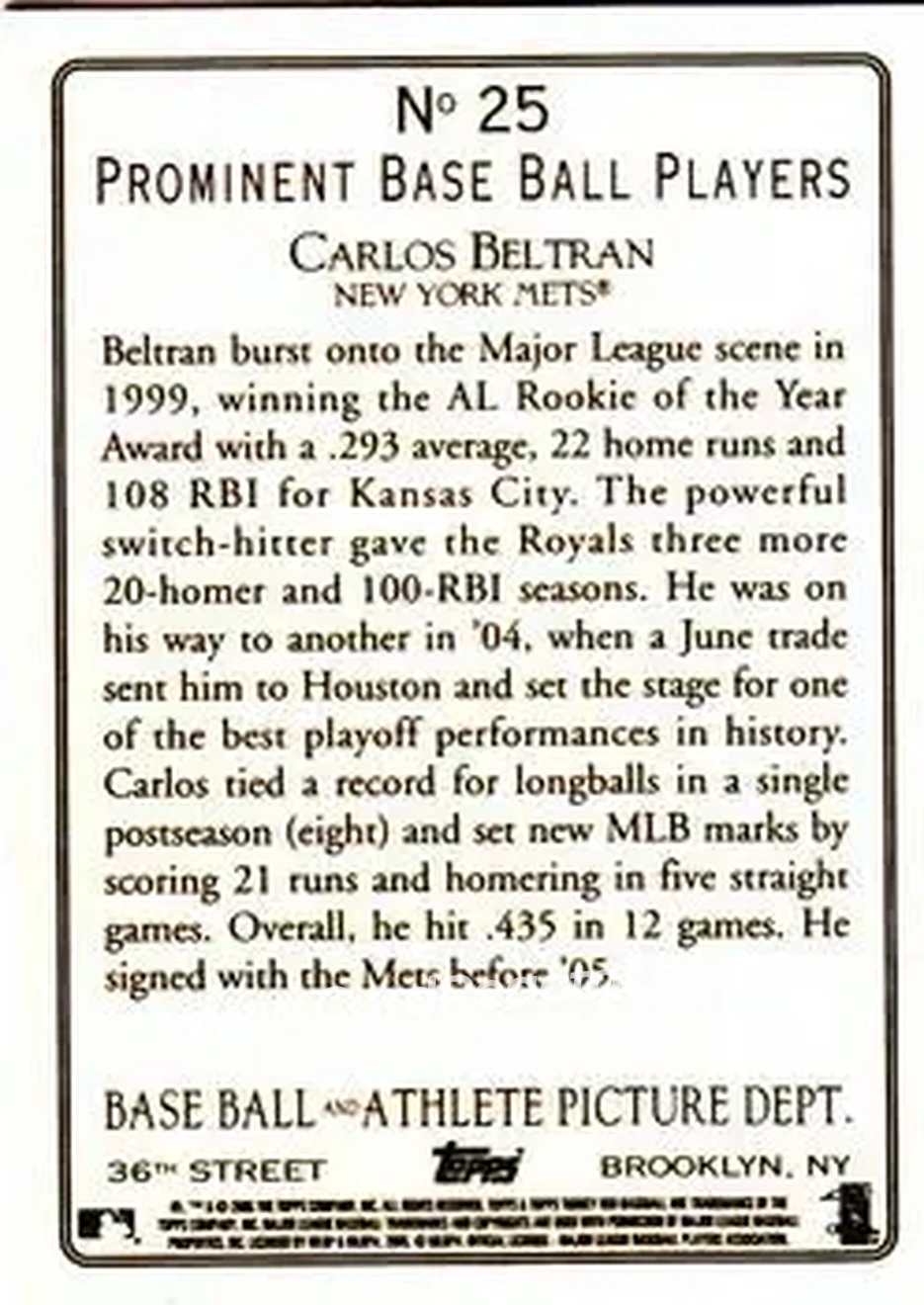 2005 Topps Turkey Red #25 - Carlos Beltran - New York Mets - Back 2005 Topps Turkey Red #25 - Carlos Beltran - New York Mets - Back