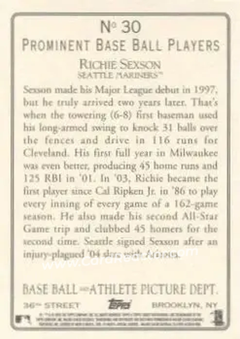 2005 Topps Turkey Red #30 - Richie Sexson - Seattle Mariners - Back 2005 Topps Turkey Red #30 - Richie Sexson - Seattle Mariners - Back