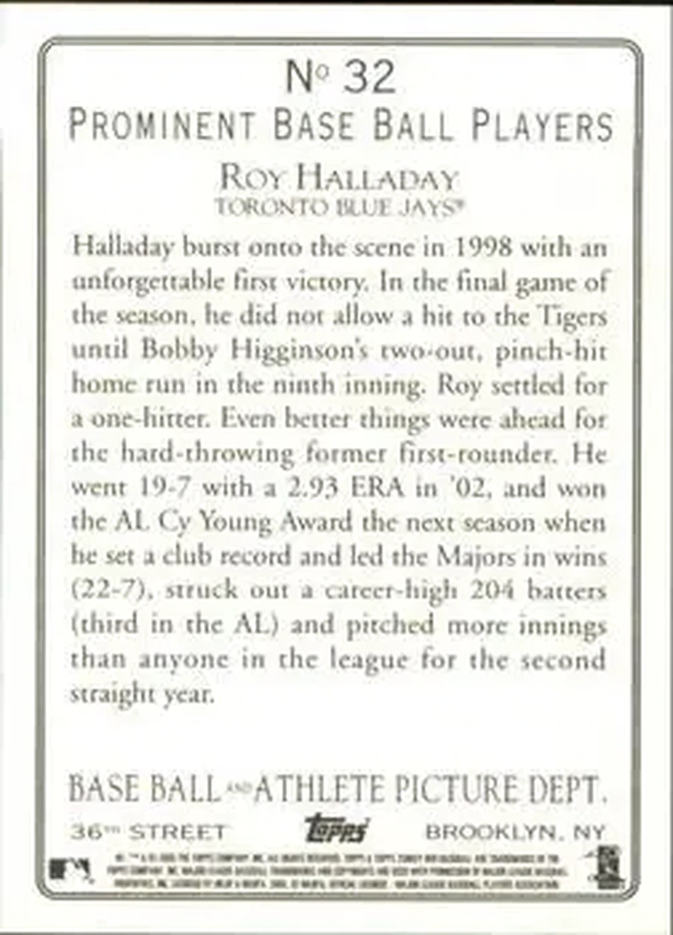 2005 Topps Turkey Red #32 - Roy Halladay - Toronto Blue Jays - Back