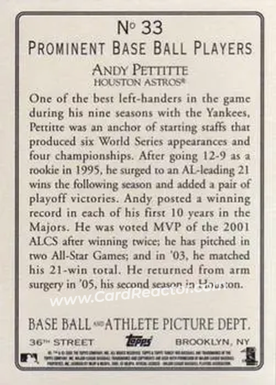 2005 Topps Turkey Red #33 - Andy Pettitte - Houston Astros - Back