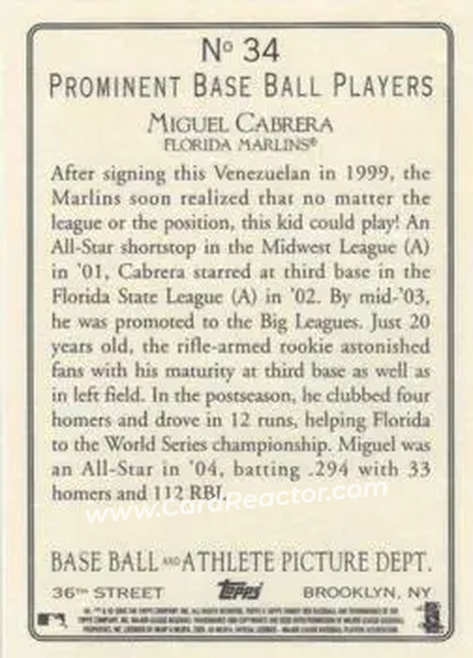 2005 Topps Turkey Red #34 - Miguel Cabrera - Florida Marlins - Back