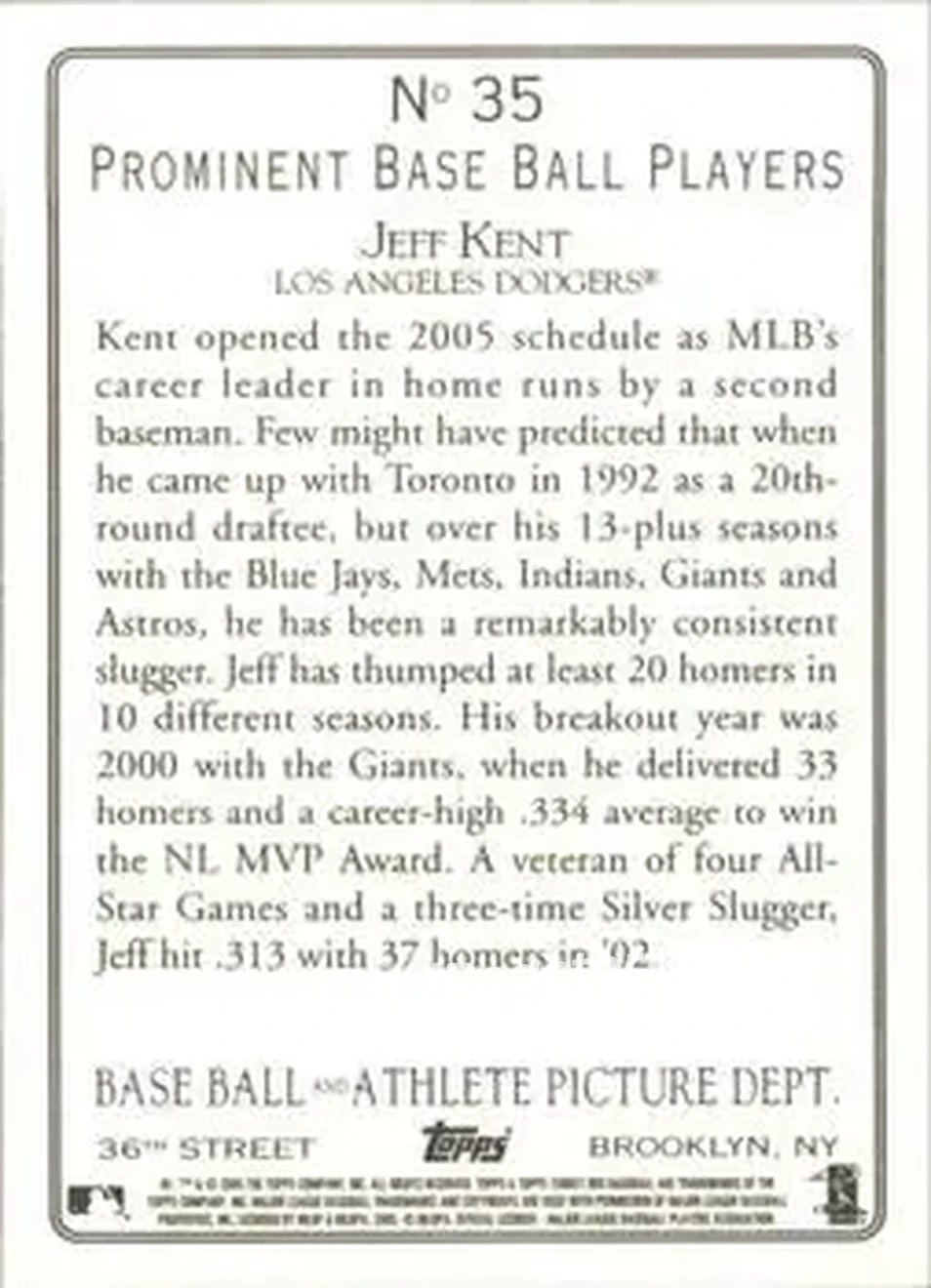 2005 Topps Turkey Red #35 - Jeff Kent - Los Angeles Dodgers - Back