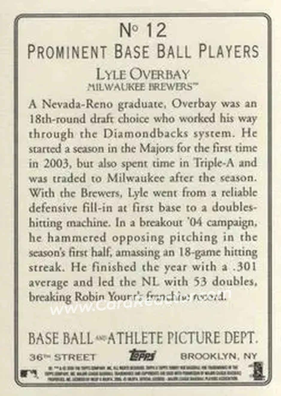 2005 Topps Turkey Red #12 - Lyle Overbay - Milwaukee Brewers - Back