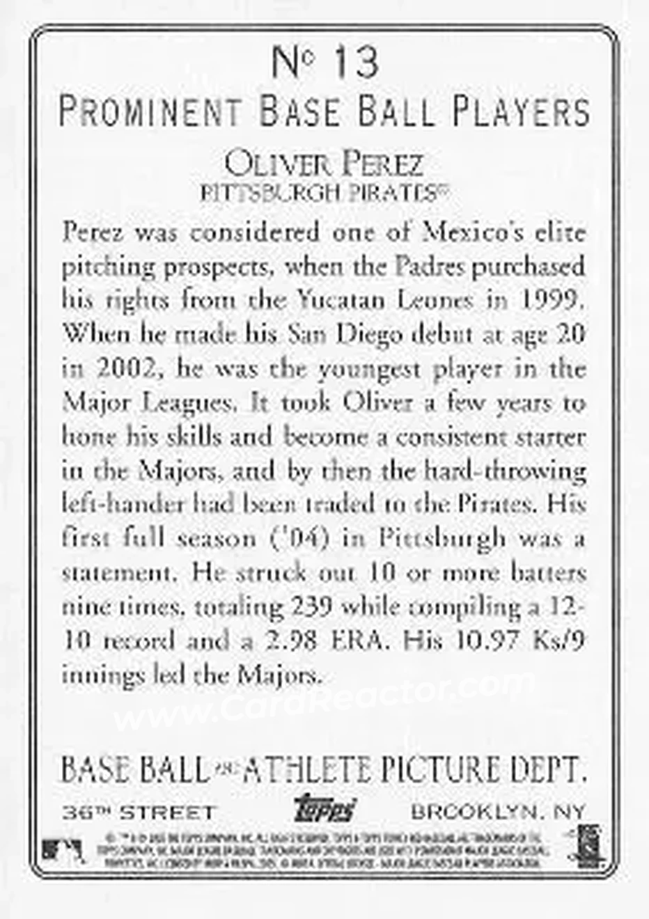 2005 Topps Turkey Red #13 - Oliver Perez - Pittsburgh Pirates - Back