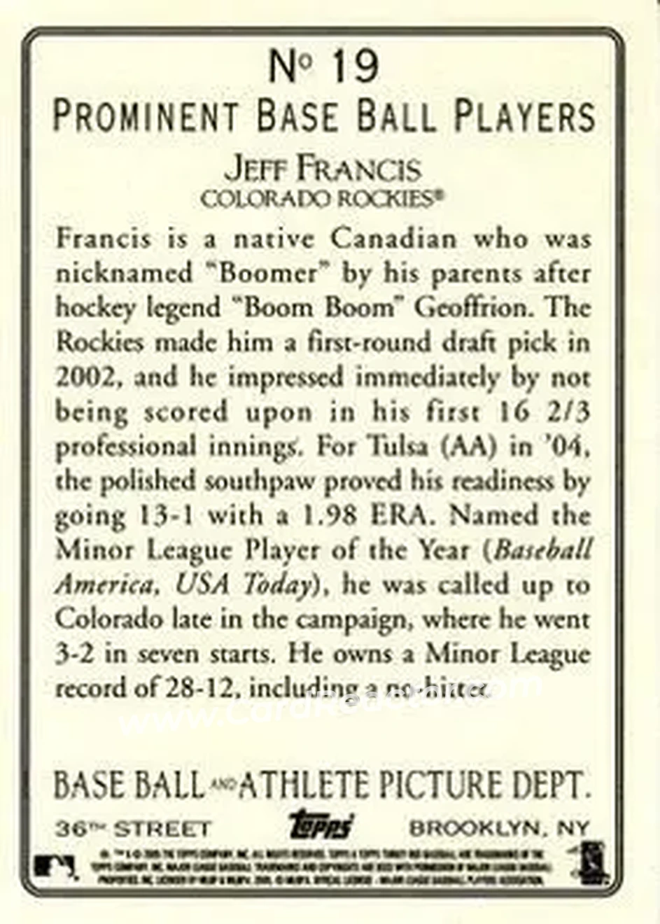 2005 Topps Turkey Red #19 - Jeff Francis - Colorado Rockies - Back